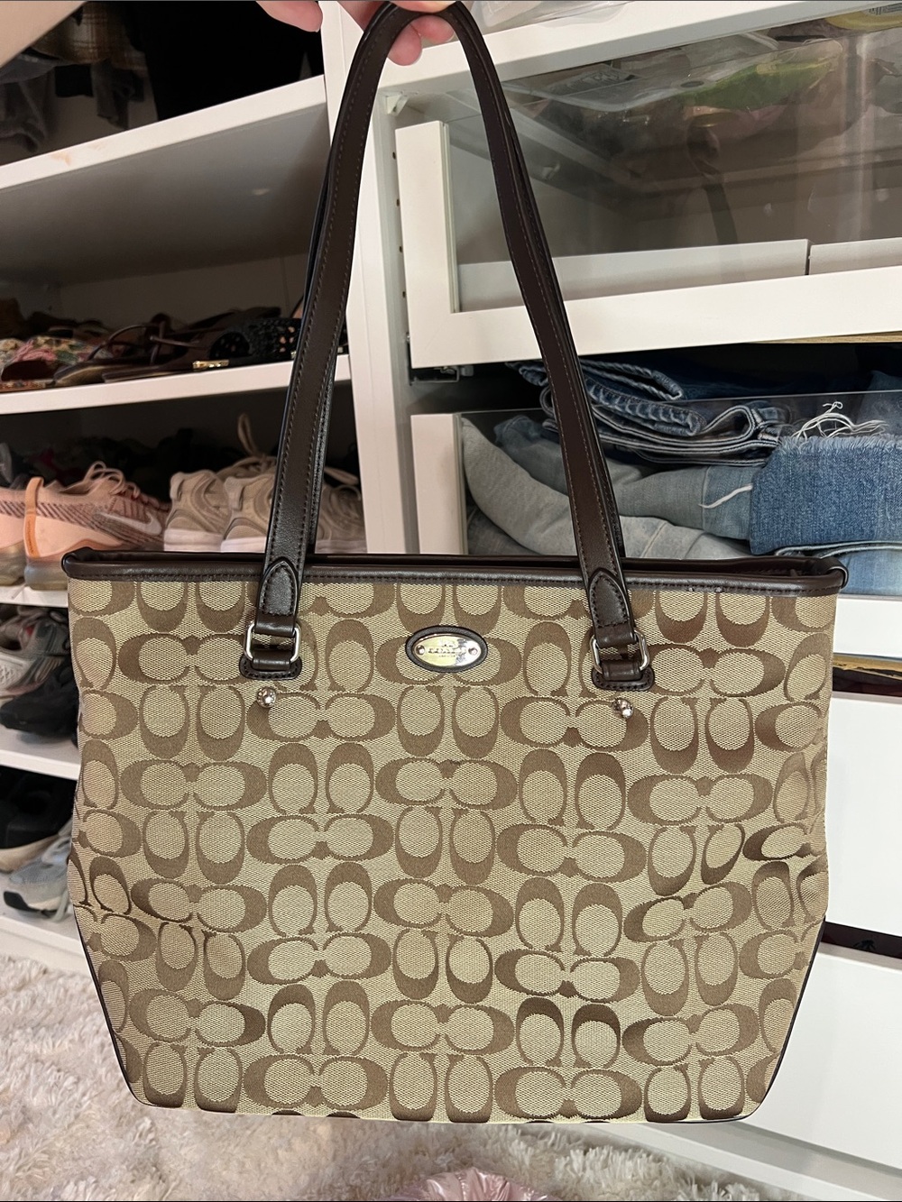 Coach Khaki and Brown Signature Canvas Tote